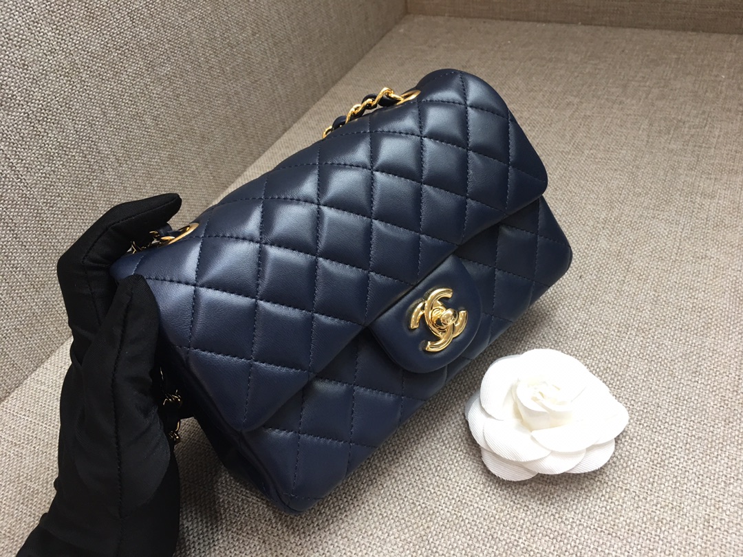 Small Classic Flap Lambskin Bag A01116 Dark Blue/Gold